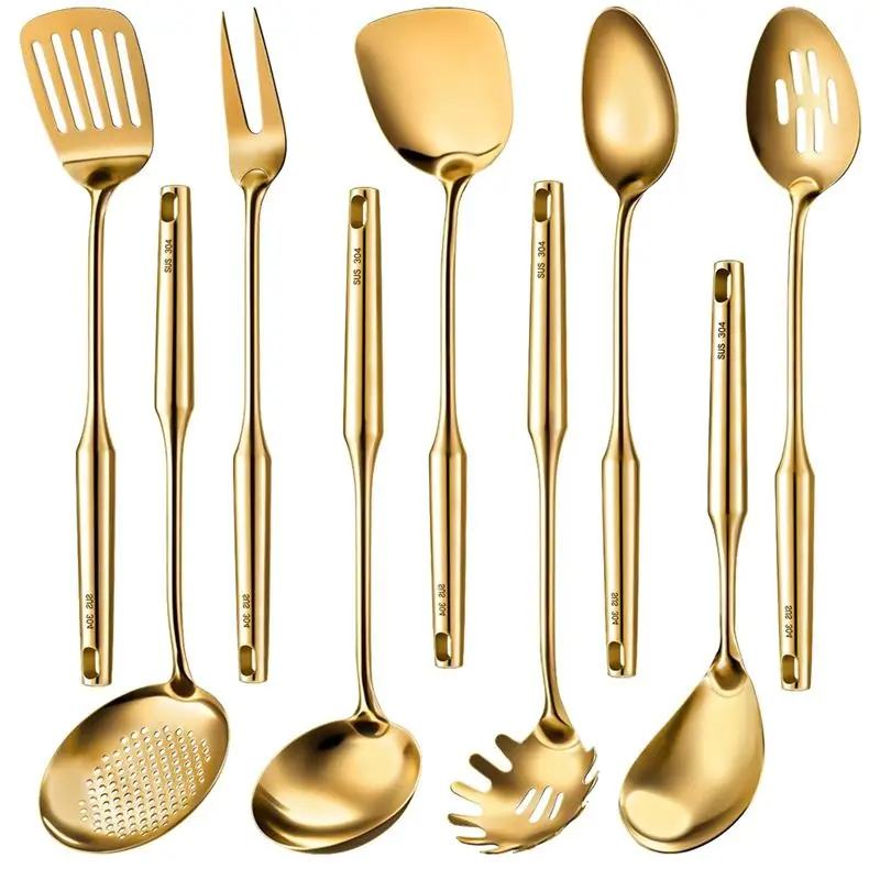 AEE4-9 Pcs 304 Stainless Steel Kitchen Utensils Set Cooking Utensils Spatula, Solid Spoon, Slotted Spoon, Fork, Ladle,Skimmer