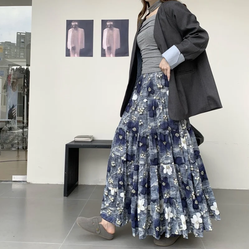 

Ретро-синяя юбка А-силуэта с цветочным пэчворком, женская многоярусная юбка с высокой талией, стройнящая, драпированная, с плиссировкой, CiWalk Polyes