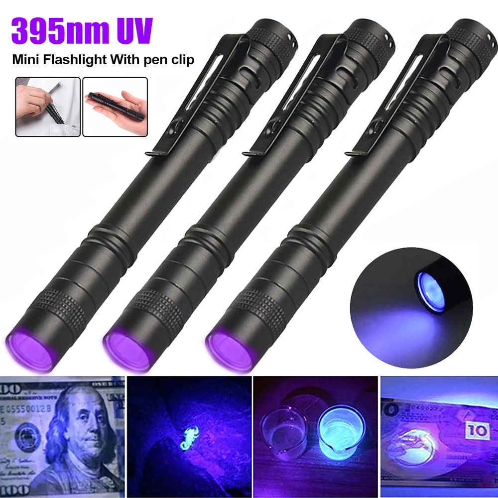 

395nm UV Flashlight Mini LED Ultraviolet Pen Light Money Inspection Penlight with Clip Pet Urine Stains Invisible ink Detector