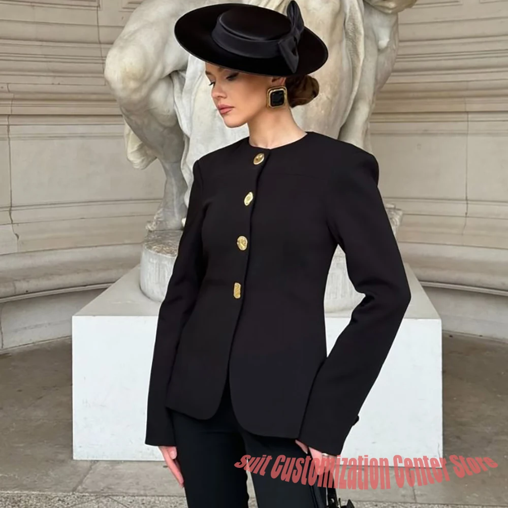 Vintage blazer met enkele rij knopen, damesbroek, set, zwart, elegant jasje met ronde hals, dagelijks zakelijk, kantoorkleding, avondfeestkostuum