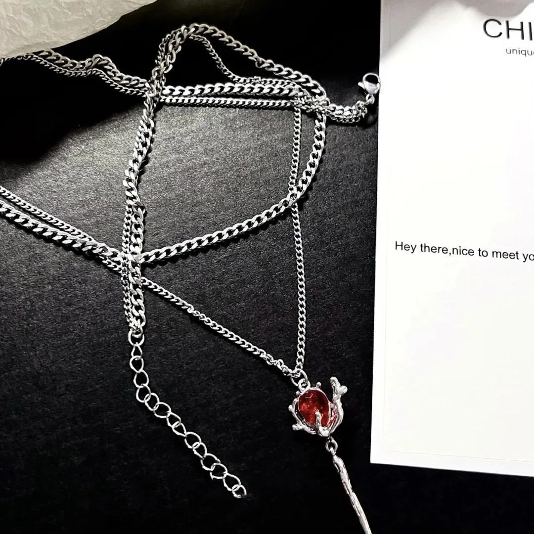 Double Layer Red Zircon Rose Pendant Necklaces Y2K Layered Flower Stone Chain Necklace Irregular Floral Aesthetic Jewelry Gifts