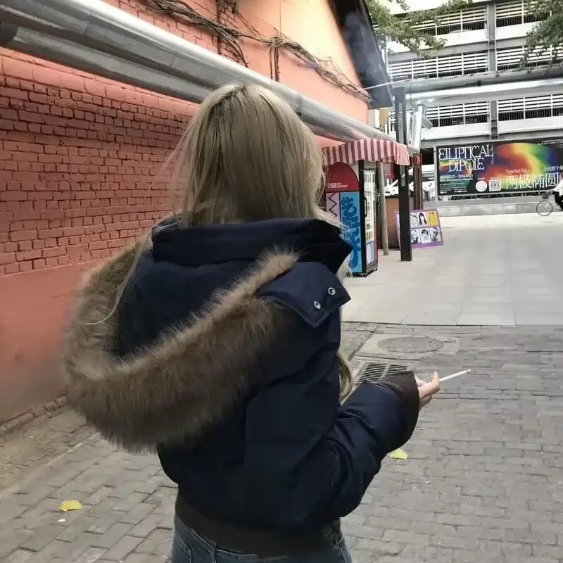 Veste rembourrée en coton pour fille, Version coréenne, épaisse, grand col en fourrure, à capuche, courte, amincissante, chaude, bouffante, hiver