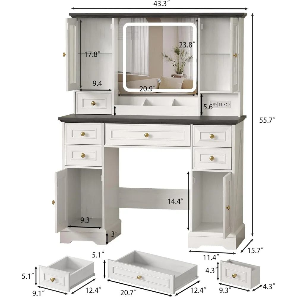 Farmhouse Makeup Vanity Desk with Mirror and LED Lights, White | Vanity Mirror with Lights Desk for Women, Makeup Table