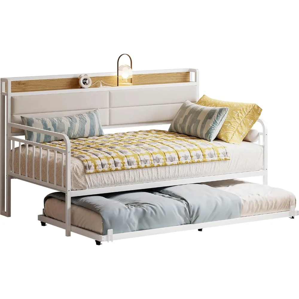 Tempat Tidur Daybed dengan Trundle, Rangka Tempat Tidur Twin XL dari Logam Kokoh dengan Sandaran Kepala Berlapis dan Stasiun Pengisian Daya untuk Ruang Tamu