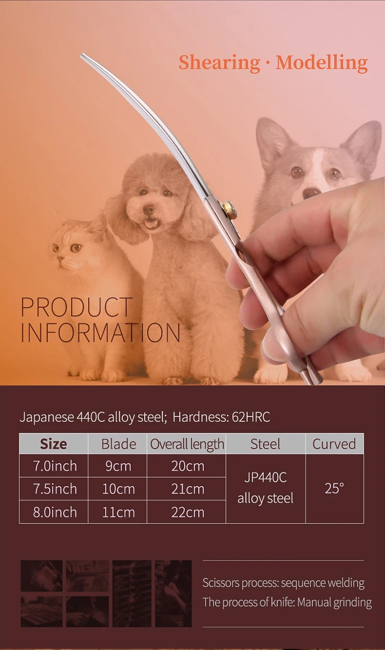 Fenice JP440C Hundeschere aus Stahl, 7/7,5/8 Zoll, Hundesalon-Schere, gebogene Haarschneideschere für Hunde, professioneller Groomer – Detail 2