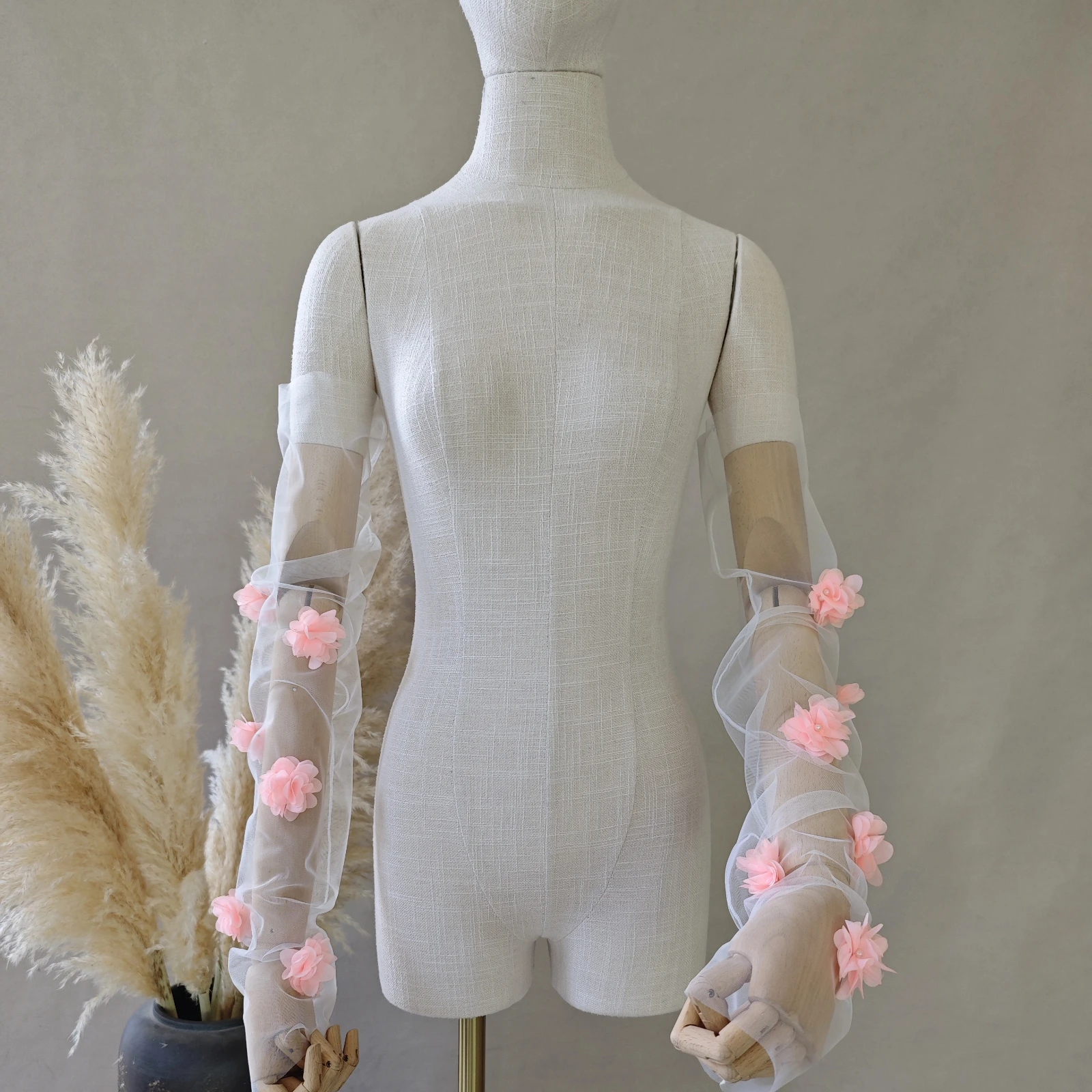 Gaze de mariage manches en Tulle doux fleur 3d rose mignon accessoires Photo de mariage en plein air