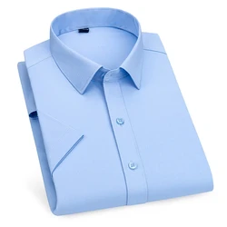 New Stretch Anti-Wrinkle Short-sleeved Casual Shirt Men's Summer Fashion Solid Color Formal Business Dress Shirt White Blue Pink