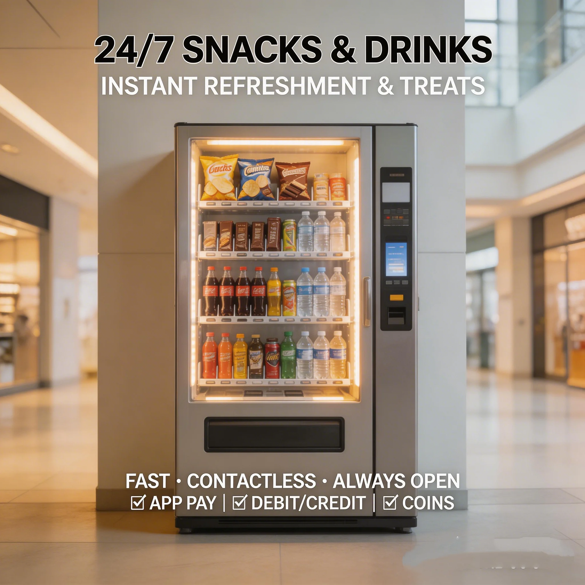 

Customized 24H Foods And Drinks Snack Vending Machine Automatic Coin Bill Card Operated CE Certified For Office School Hotel