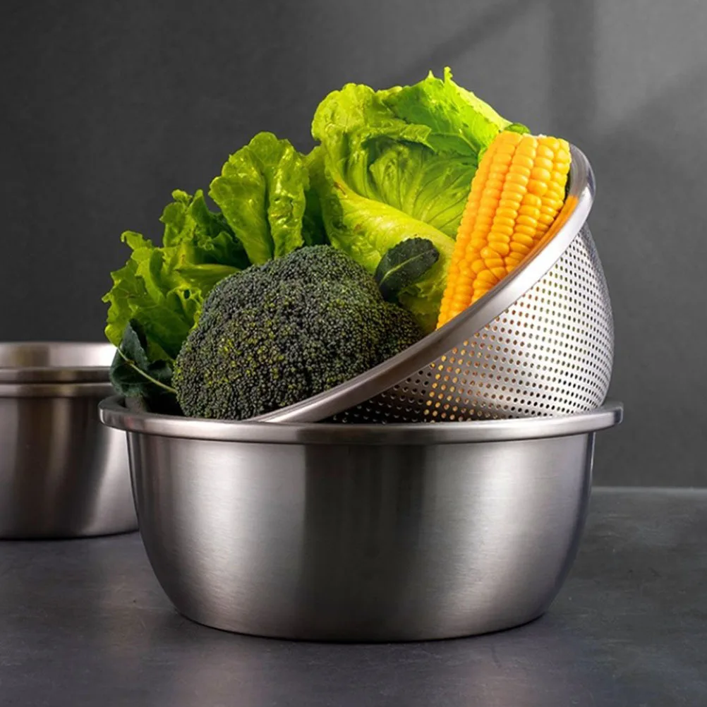 

1Set Stainless Steel Strainer Bowl Double Layer Vegetable Fruit Drainer Multi-Function Mixing Bowl Household Kitchen Supply