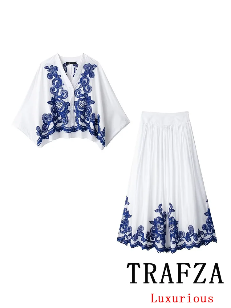 TRAFZA Vintage Casual Chic Women Embroidery Loose Suit V-Neck Loose Shirt Straight Long Skirt New Fashion 2024 Summer Sets