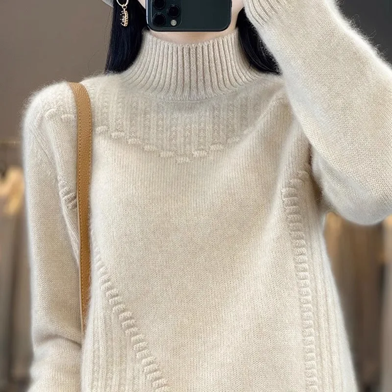 

2024 Autumn Winter Women Knitted Pullovers Mock Neck Sweater Basic Top Casual Long Sleeve Loose Pullover Warm Knitting R221