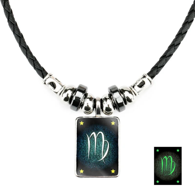 New 12 Constellation Luminous Leather Necklace for Men Zodiac Necklace Pendant Men Women Gifts