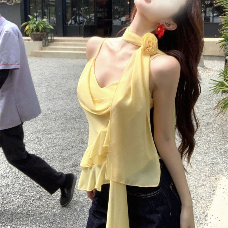 Chic Women Flutter Sleeve Camisole Tops Tiered Ruffled Ribbon 3D Flower Square Neck Crop Tank Tops Y2K Vintage Streetwear