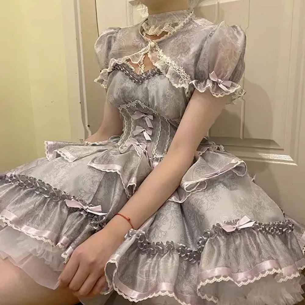 Baru gaun putri Lolita indah lengan gelembung Puffy merah muda Organza ikatan simpul renda Ruffle gaun putri rias silang permainan peran pelayan