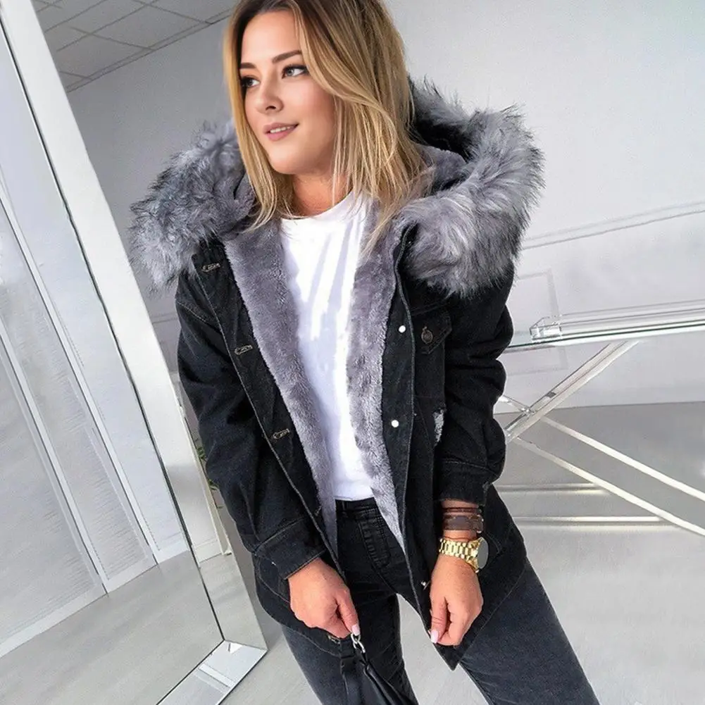 Winter Women's Jacket With Woolen Hat Thickened Long Sleeve Long Sleeve Pocket Button Pocket Coat Short Warm Denim Coat