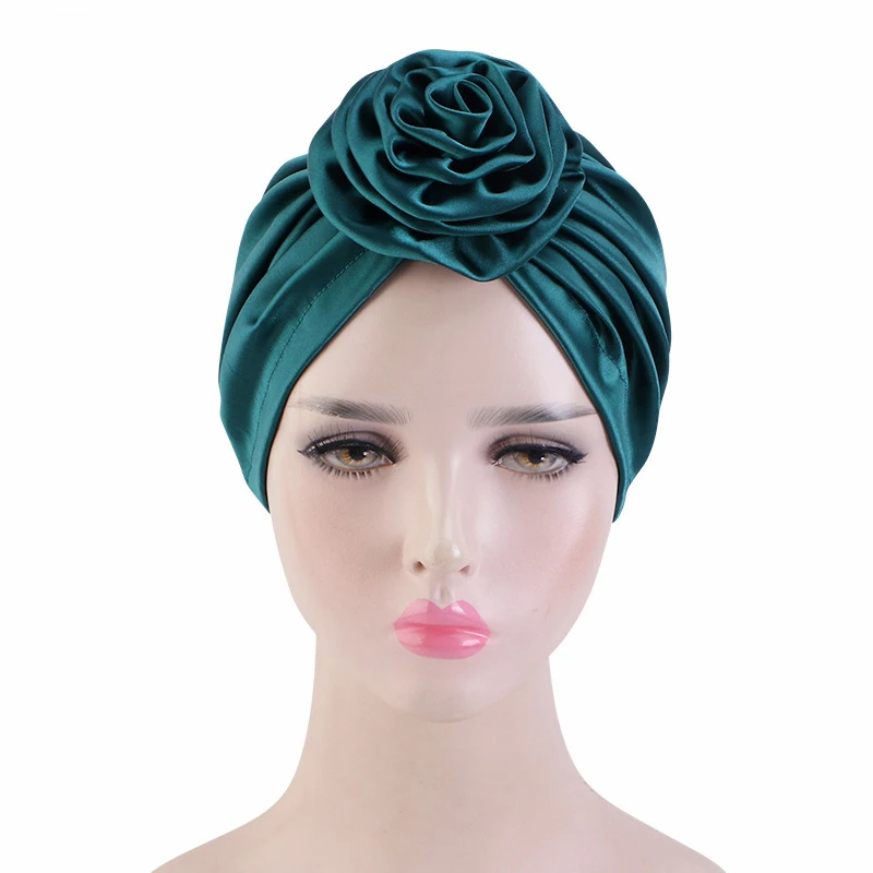 

Indian Satin Turban Flower Elastic Stretch Bonnet Hat Women Muslim Hijab Chemo Cap Sleeping Sleep Nightcap Hair Care Headscarf