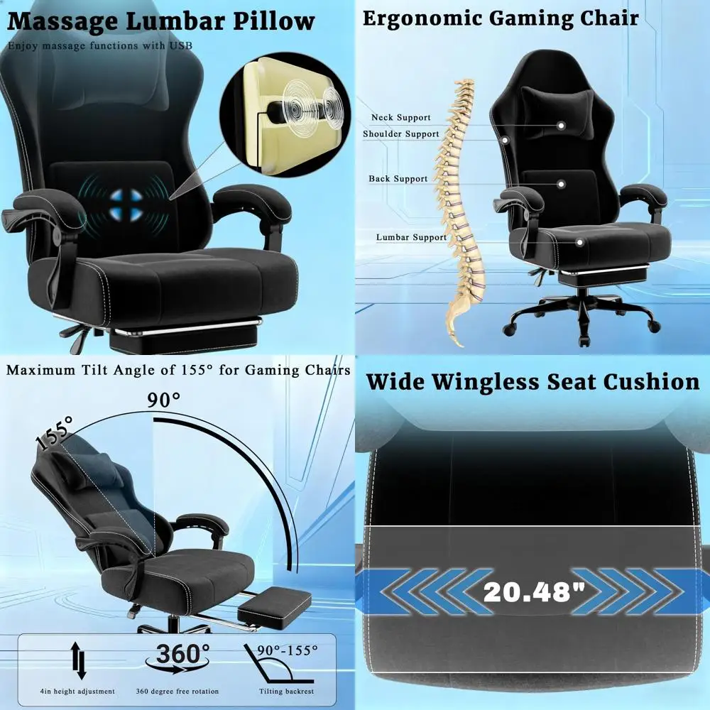 

Игровое кресло с регулируемой высотой, массажем, поясничной поддержкой и подставкой для ног, эргономичное тканевое сиденье