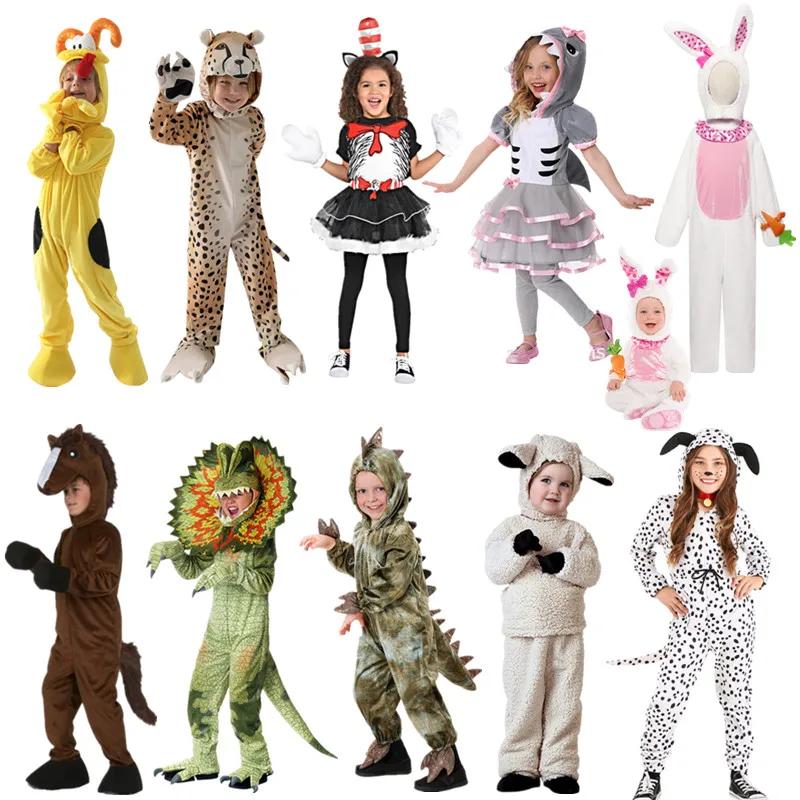 Children Kids Animal Costume Cosplay Dinosaur Tiger Rabbit Dog Lion Lamb Sheep Halloween Animals Costumes Jumpsuit for Boy Girl