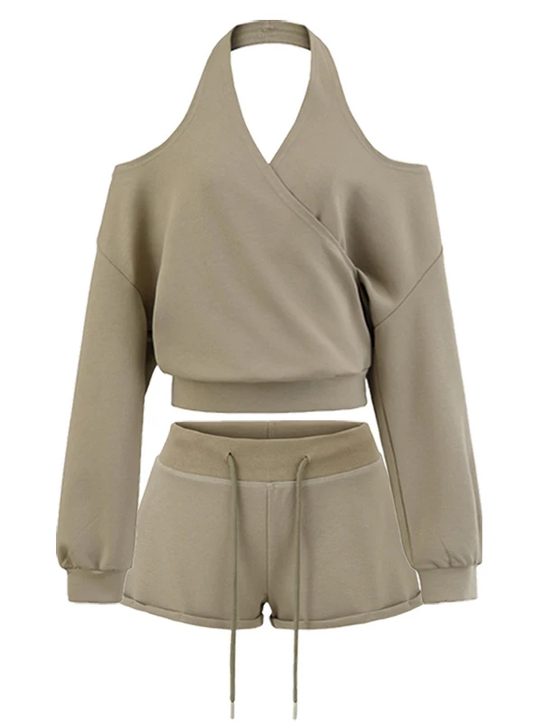 American Lazy Sle Conjunto casual V-ne oulder-baring Long Sve Moletom solto Sexy Cintura baixa Esportes orts Duas peças Wom...