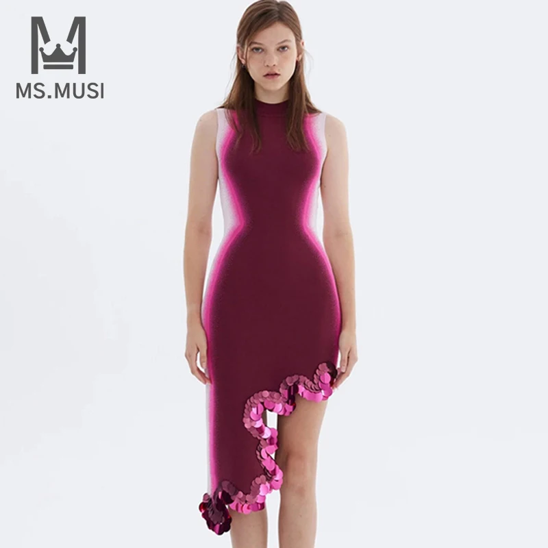 

MSMUSI 2024 New Fashion Women Sexy Patchwork Sequins Ruffles Sleeveless Bandage Party Club Bodycon Event Midi Dress Vestidos