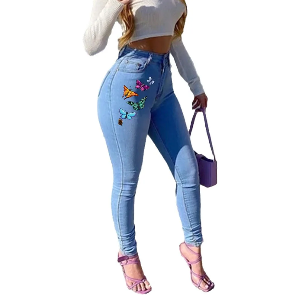 2025 nowych europejskich i amerykańskich jeansów z nadrukiem dla kobiet, jeansów dla kobiet z wysokim stanem, seksownych legginsów