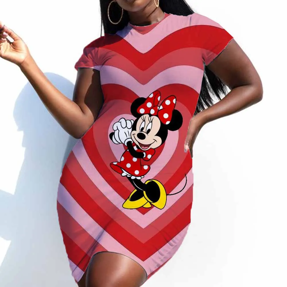 Zomer Disney Mickey Mouse Print Casual Slim Fit Korte Mouwen Ronde Hals T-Shirt Mini Korte Rok Plus Size Jurk Hot