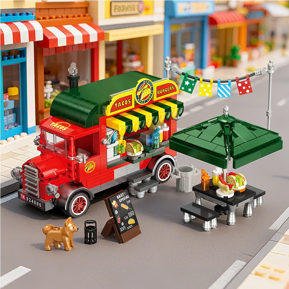 MOC Mexikanischer Taco-LKW-Bausteine, Erlebnis, Straßenverkauf, DIY-Desktop-Dekoration, Geschenk für Teenager, Erwachsene, Weihnachten, Geburtstag