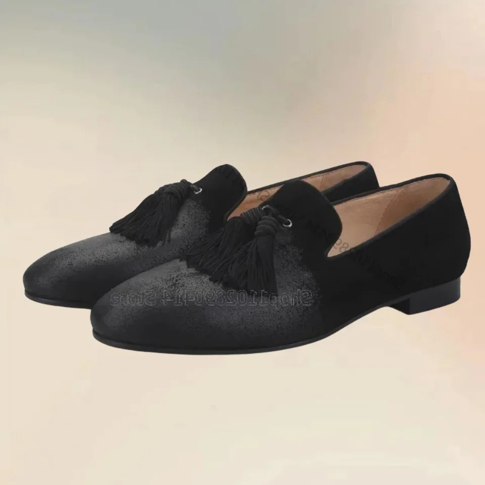 

Black Tassels Decor Spray Lacquer Nubuck Loafers Fashion Slip On Men Shoes Retro Handmade Party Feast Banquet Men Casual Shoes