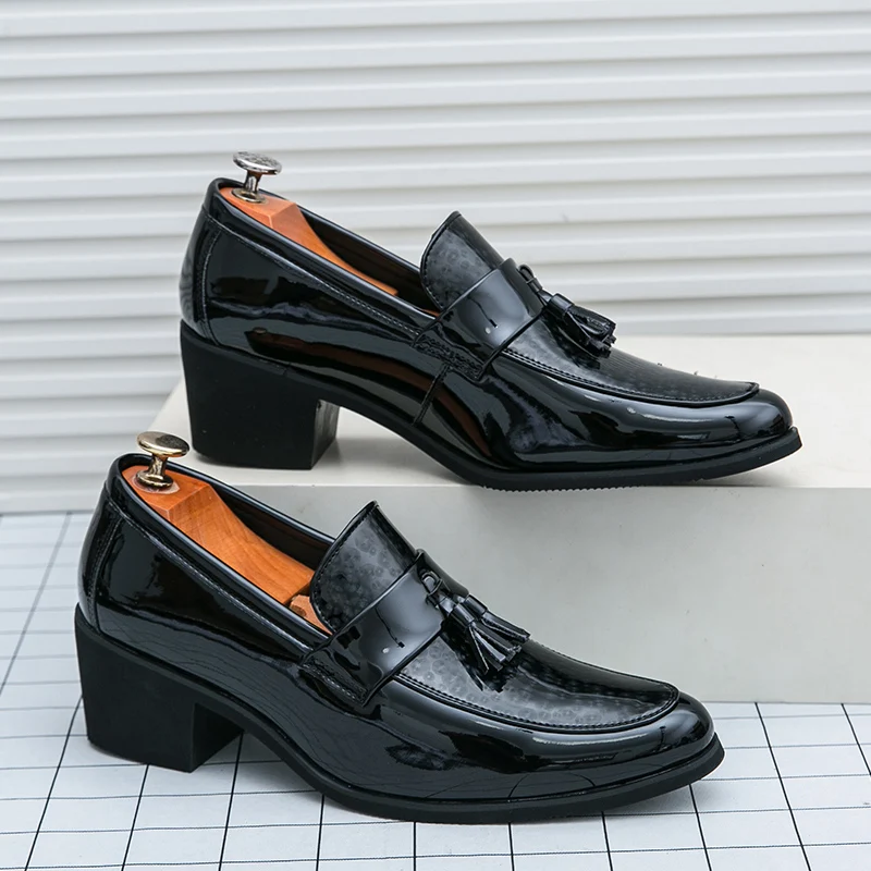 

Elegant Black Tassels Dress Shoes Man High Heels Slip-on Leather Shoes Man High-Quality Plus Sizes 46 Luxury Man Shoes For Party