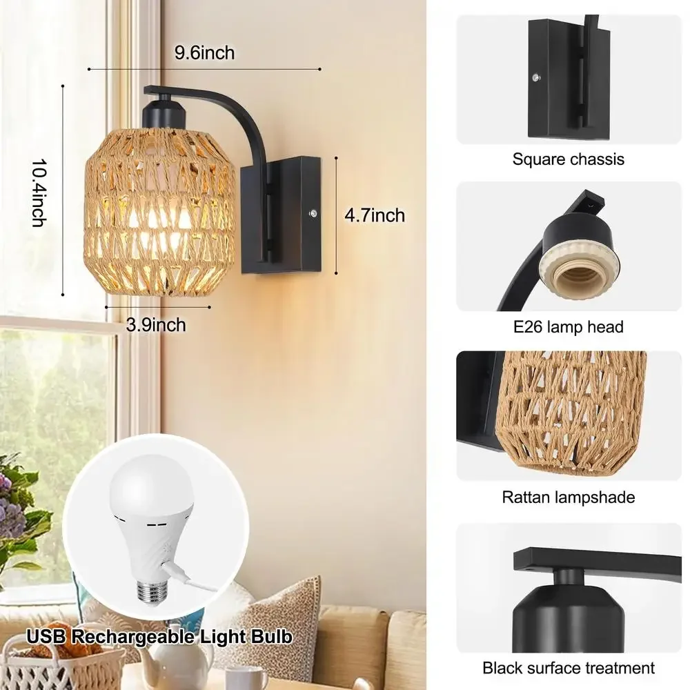 Cordless Battery Operated Wall Sconces Set of 2 Rattan Wireless Rechargeable Lights with Remote Control Magnetic Base USB