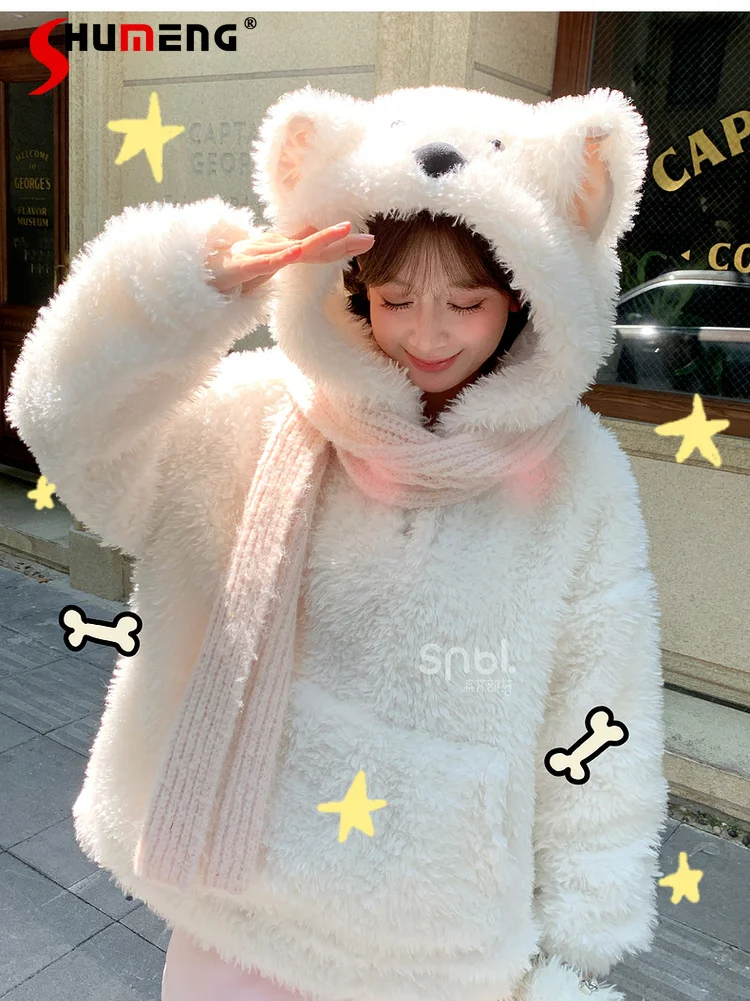 Japonés 2025 invierno Navidad Kawaii perro sudaderas con capucha mujeres suelta Casual grueso felpa caliente dulce chica sudaderas con capucha chaquetas