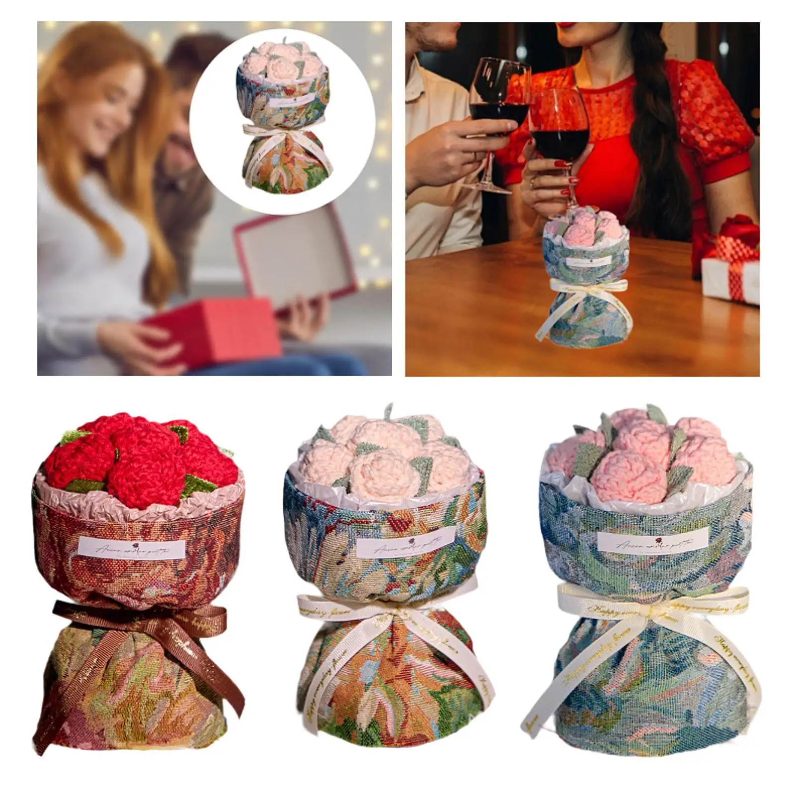 باقة زهور صناعية من الكروشيه، باقة رومانسية منسوجة رقيقة لحفلات الأصدقاء