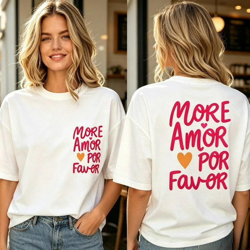 MORE AMOR POR FAVOR T‑Shirt Women Letter Print Heart Pattern Modal Cotton Casual Love Gift Tops Daily Outfit Gift For Her