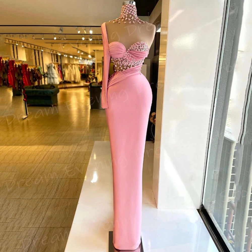 Arabia Beautiful Gentle Pink Women's Mermaid Modern Evening Dresses Charming Sexy One Shoulder Prom Gowns Beaded Vestidos Gala