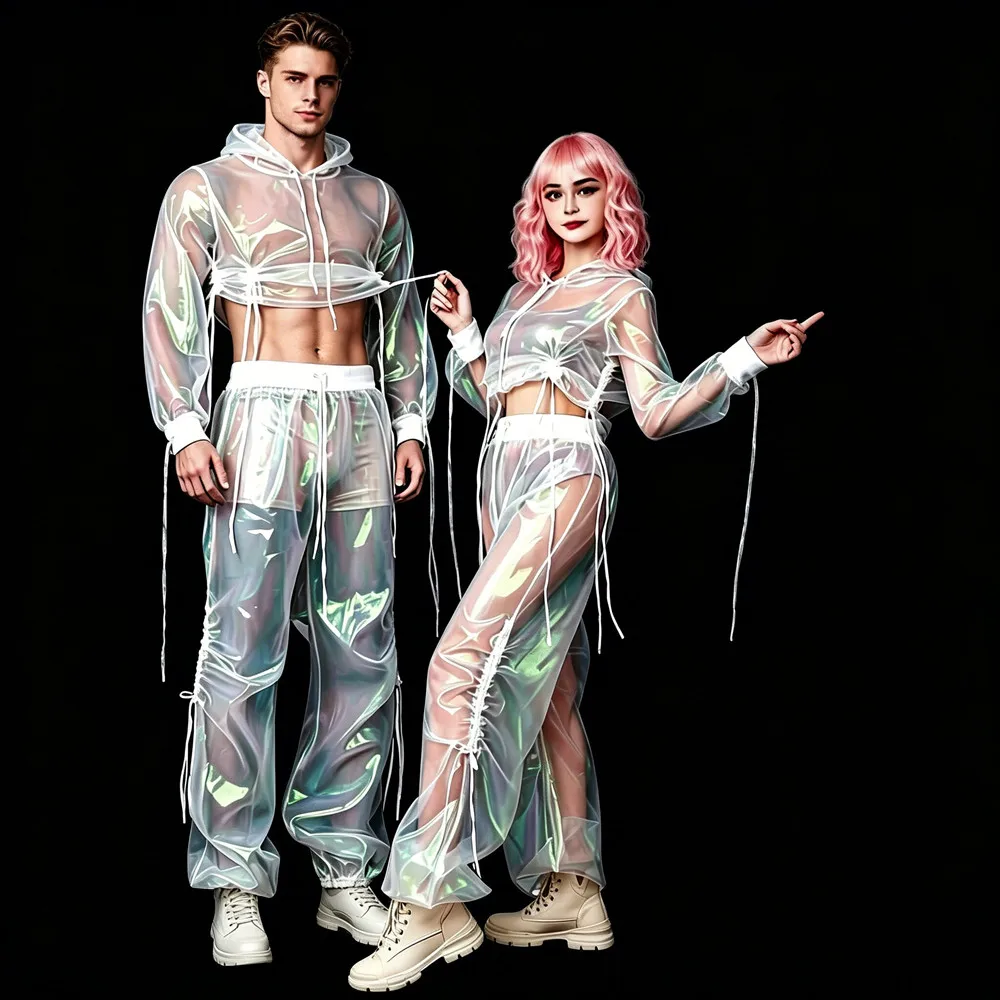 

Male Women Hip Hop Dance Outfit Transparent Hooded Crop Tops Pants Jazz Dance 2 Pieces Set Reflective Performance Stage Costume