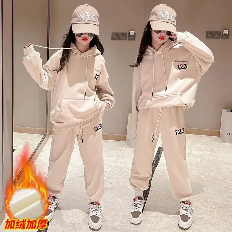 

2024 New Girls Clothing Sets Kids Casual Sweatshirt+pant Suit Autumn Winter Warm Tracksuit Childrens Thicken Printing Sportswear