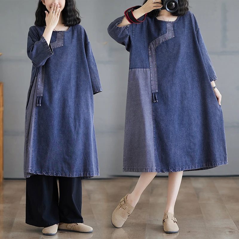 

Винтажное джинсовое платье с вставками для женщин: комфортное, свободное, с высокой талией, миди, из смесового полиэстера и хлопка, с длинными рукавами