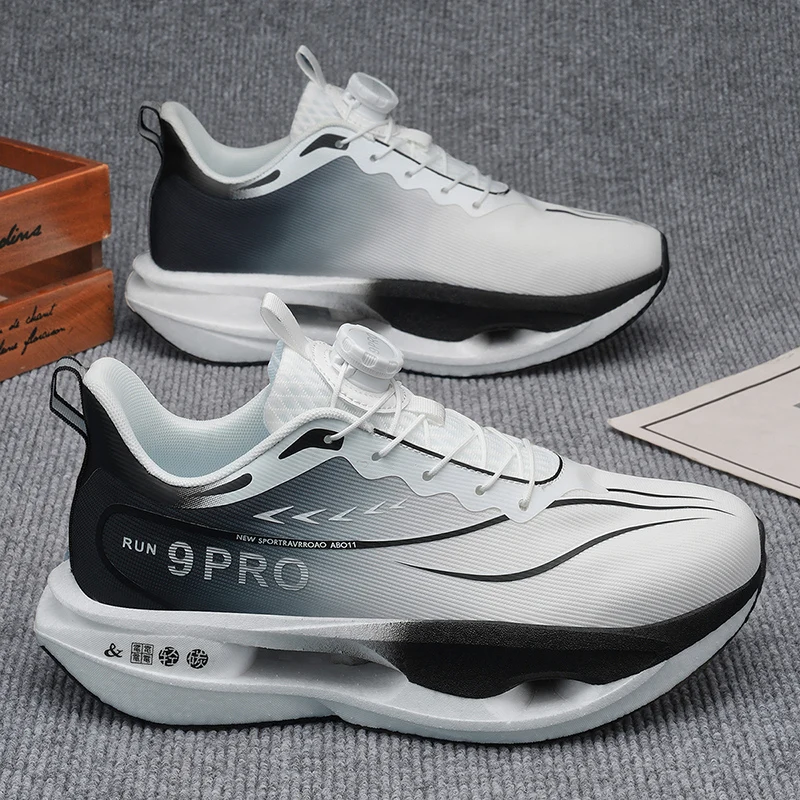 Men Carbon Plate Running Shoes Rotating Buckle Lightweight Breathable Sneakers Shock Absorption Athletic Training Sports Shoes