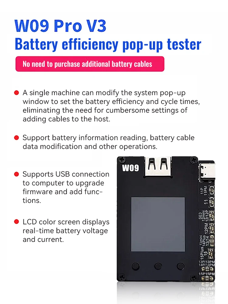 OSS W09 Pro V3 Battery Efficiency Pop-up Tester for iPhone 11 - 15 Series Solve Modify Battery Efficiency No Need Tag Cable Tool