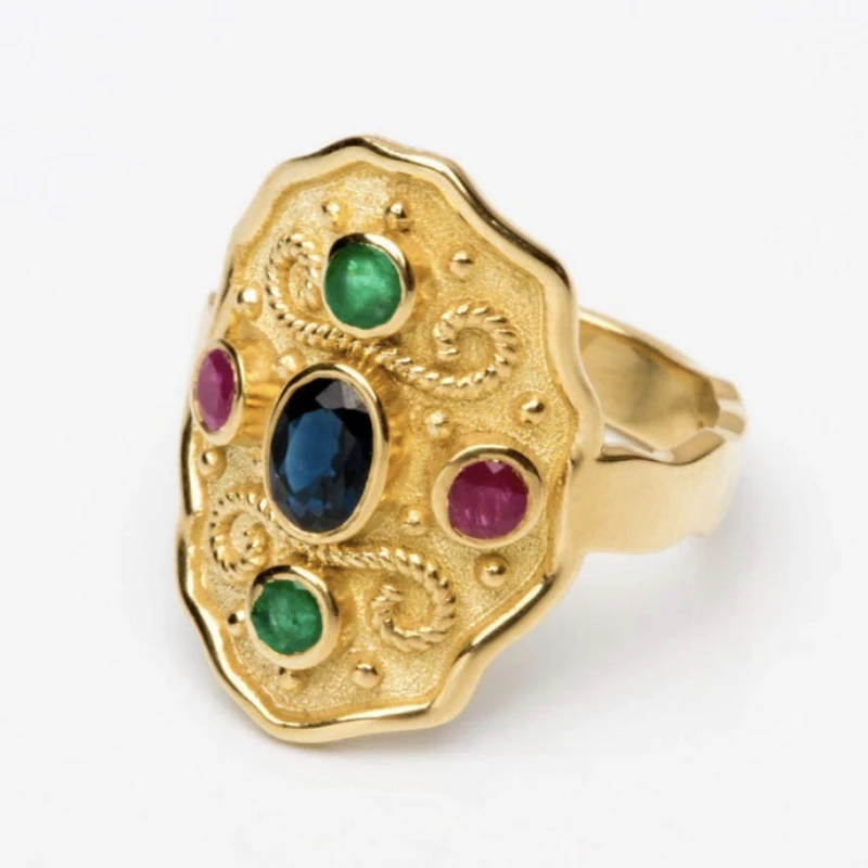 Vintage unisex accessory set with colorful gemstones and geometric alloy ring