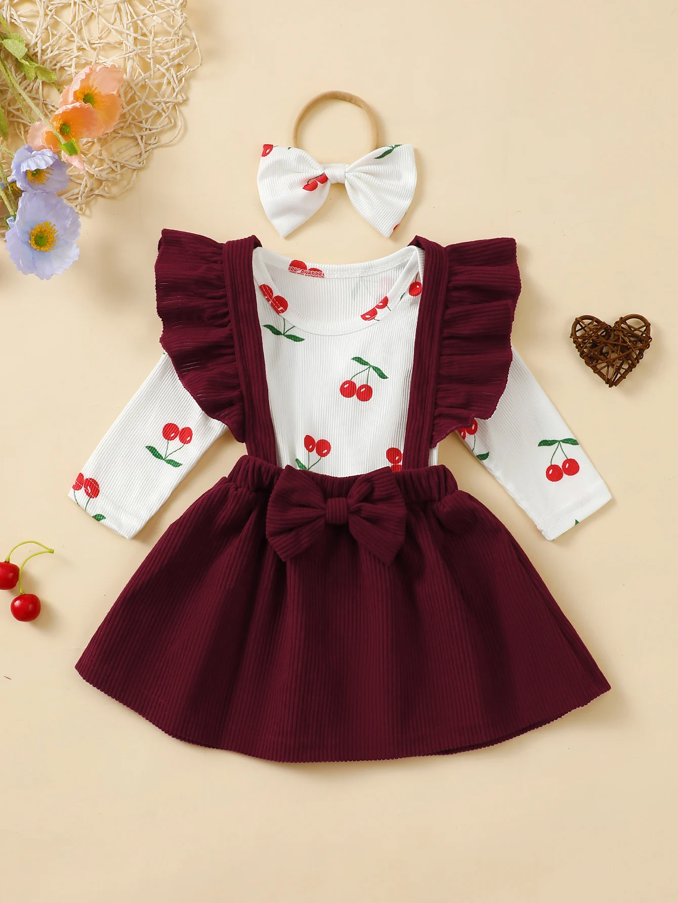 Neonata Cherry Ruffles felpa con cappuccio abito Casual fiocco copricapo 3 pezzi adatto per la piccola principessa migliori regali