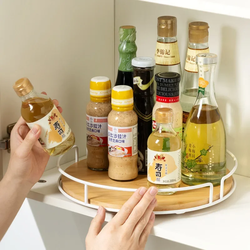 Wooden Rotating Storage Holder Tray Plate Racks for Kitchen with Iron Solid Wood Turntable Round Spice Rack
