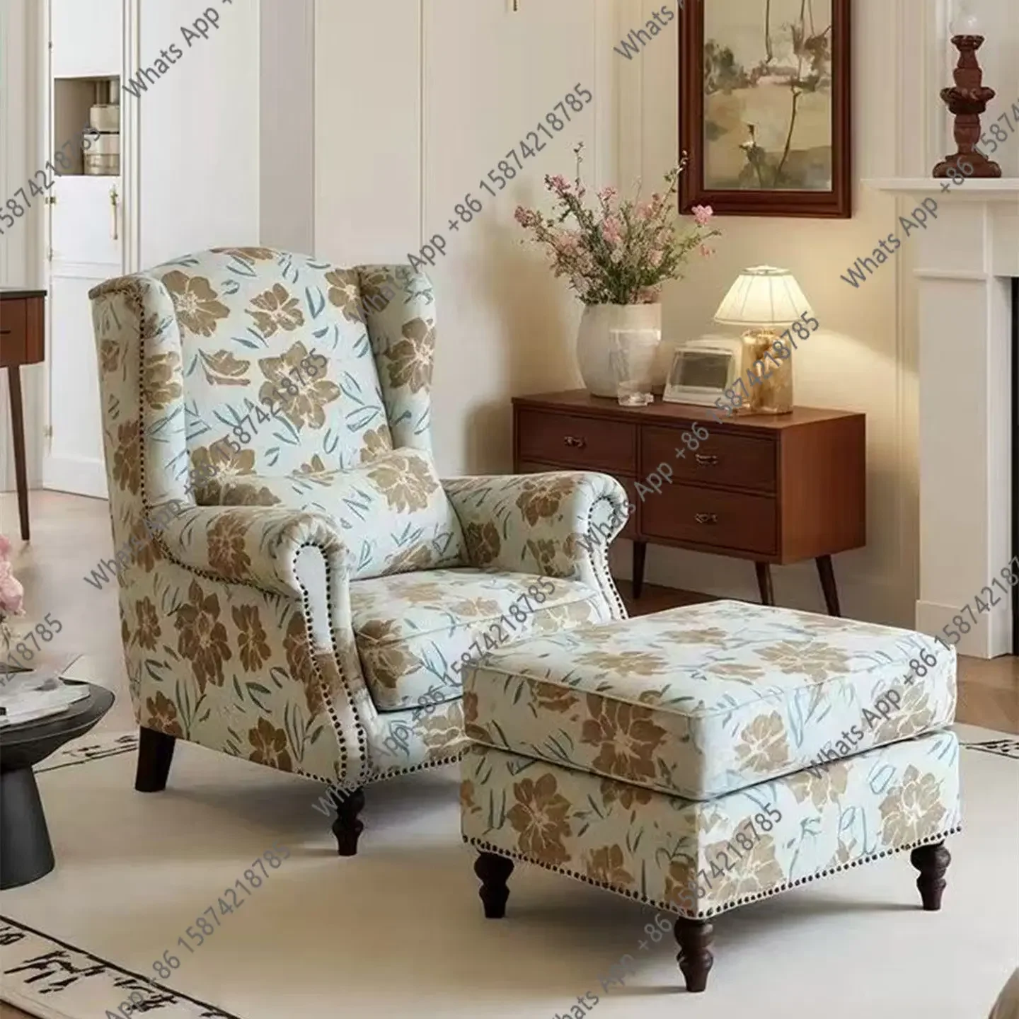 N64 American fabric chair single wooden sofa retro living room leisure chair bedroom high back stool combination