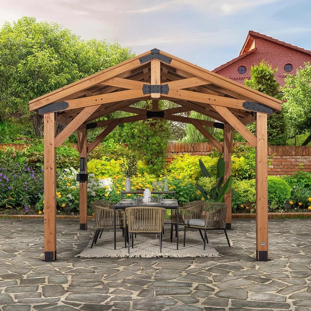 14' x 12' Cedar Wood Outdoor Gazebo Pavilion with Hardtop Galvanized Steel Peak Roof, Snow Support, Shade for Garden