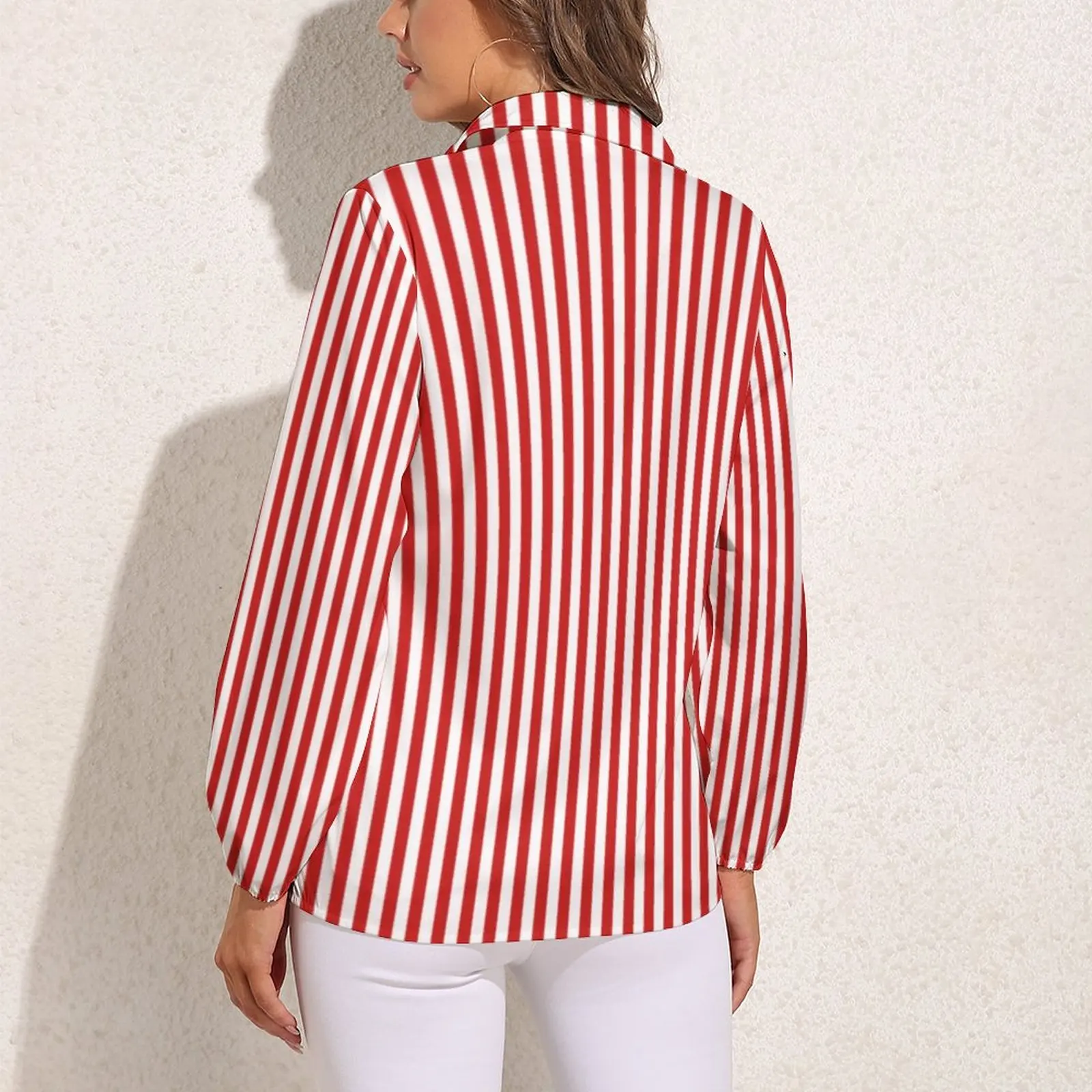 Vertical Red Striped Loose Blouse White Lines Print Street Fashion Oversized Blouses Woman Long-Sleeve Trendy Shirts Graphic Top