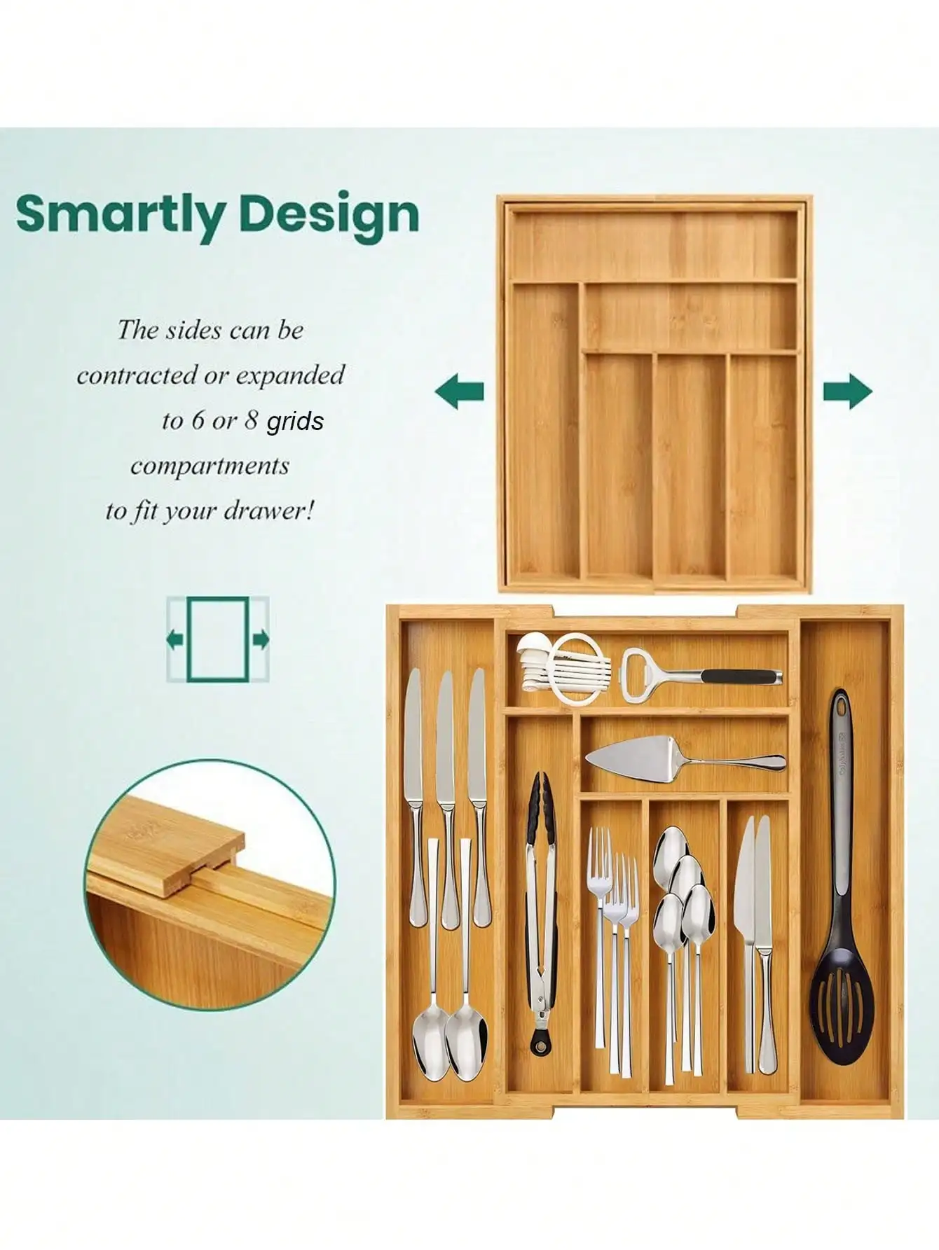 1pc Adjustable Bamboo Drawer Organizer,Retractable Knife And Fork Division Organizer Box,Drawer Type Tableware Storage Box,For Utensils And Silverware - Expandable Cutlery Tray For Kitchen, Bedroom, And Living Room