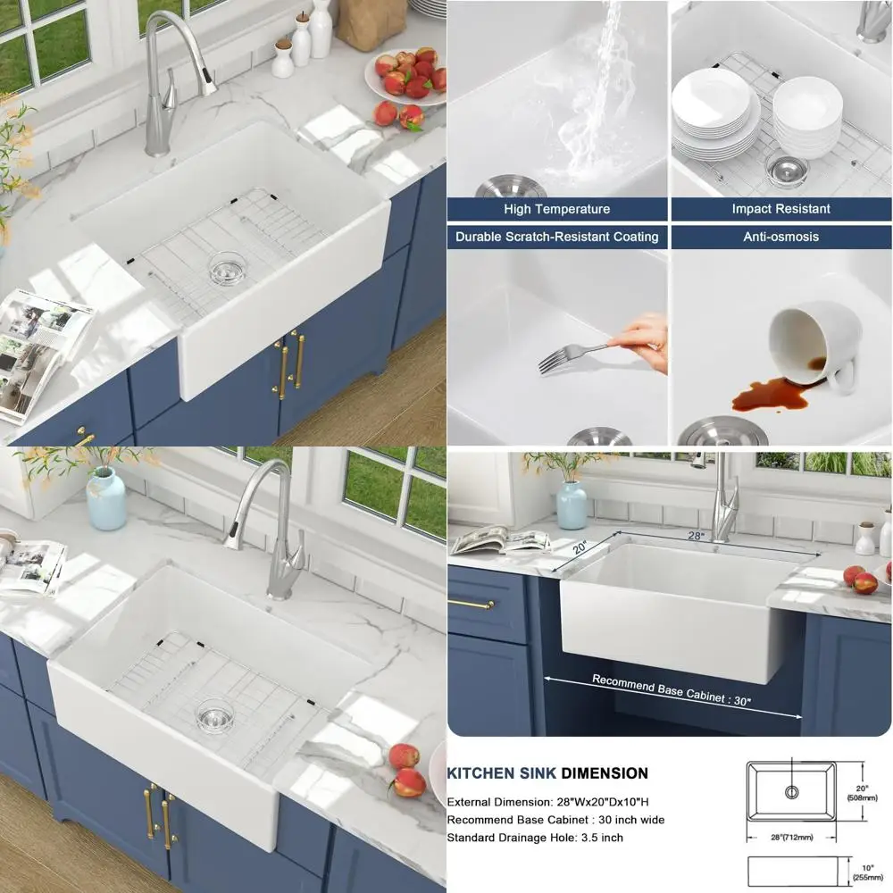 

White 28 Inch Farmhouse Kitchen Sink Single Bowl Apron Front Porcelain Ceramic Fireclay 28x20 Inch Antique Style