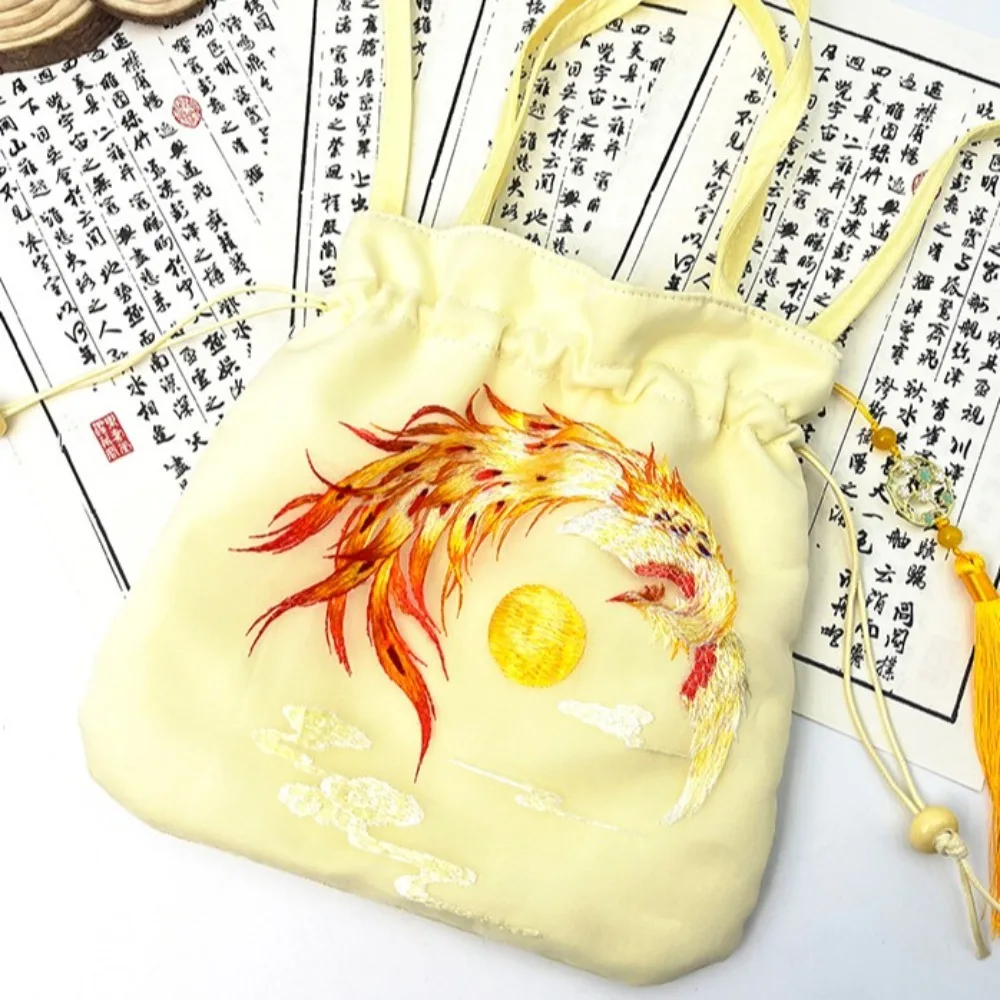 エレガントな中国風巾着バケツバッグオーガンザフラワー漢服刺繍ハンドバッグエスニックスタイル甘い小さな財布バッグアウトドア