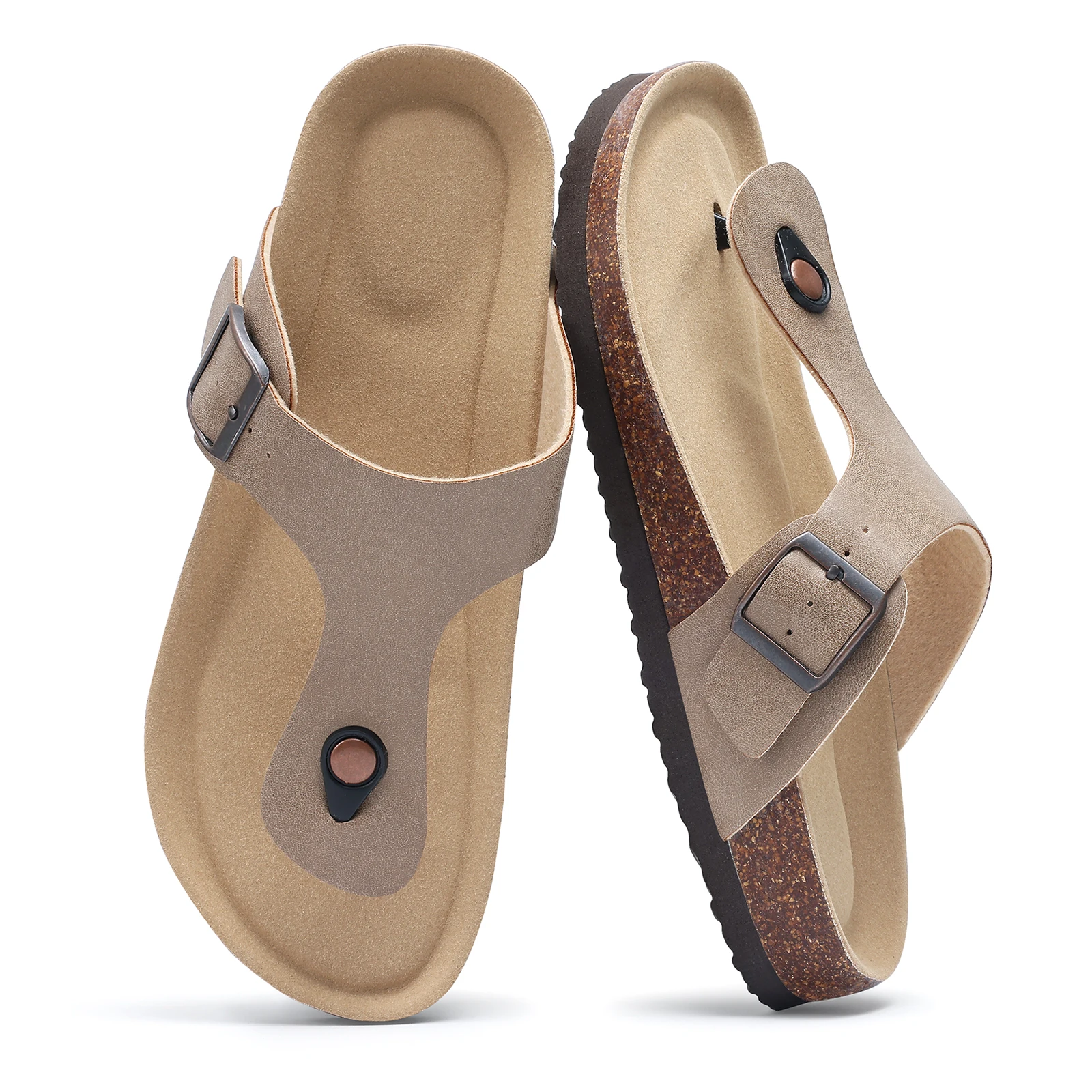 Litfun Women Summer Cork Slippers Men Fashion Leather Flip Flops with Arch Support Outdoor Beach Shoes Cork Footbed House Slides