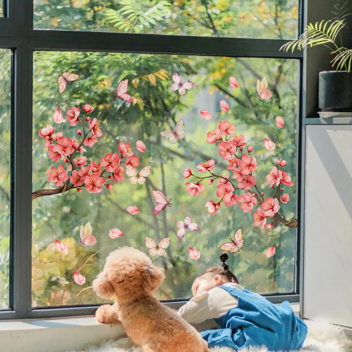 Static Cling with Peach Blossom Motif for Clear Glass PVC Construction Ensures Secure Hold Reusable Indoor Decoration Option
